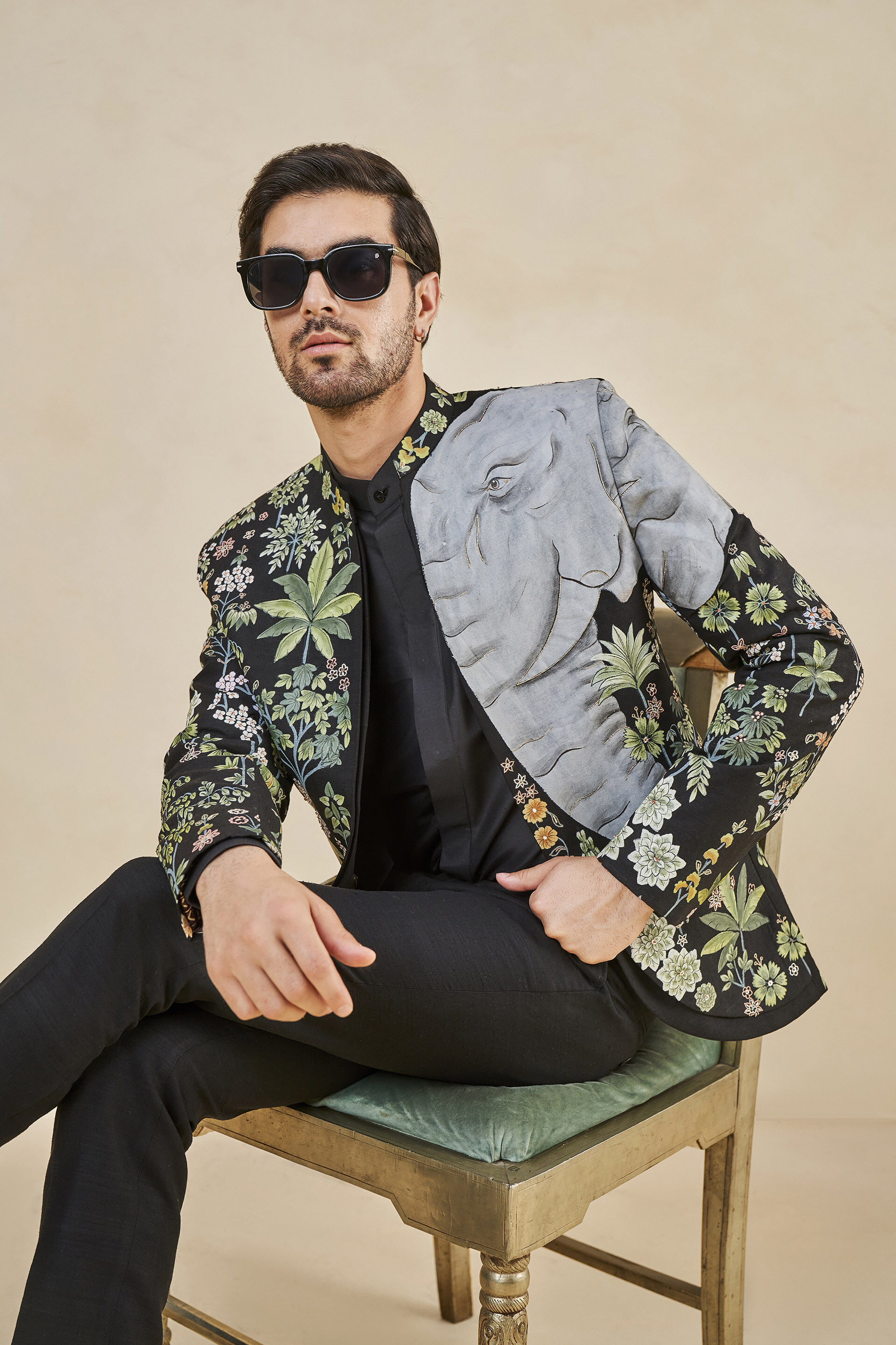 Haathi Harmony Hand-painted Pichhwai Silk Bandhgala - Black, Black, image 4